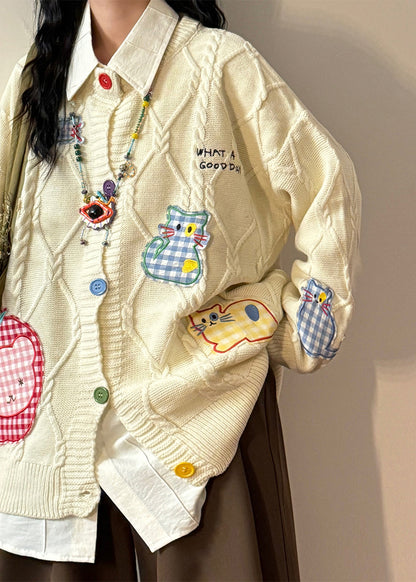 Black Button Applique Plaid Knit Coats O Neck Spring