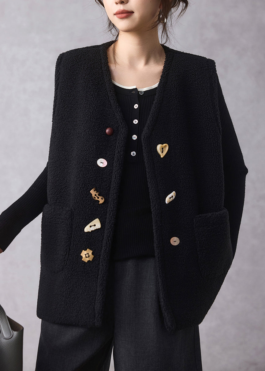 Schwarze Weste mit Knöpfen und Kunstpelz-Ausschnitt, ärmellos, V-Ausschnitt, ärmellos