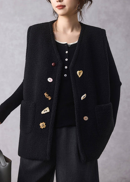 Schwarze Weste mit Knöpfen und Kunstpelz-Ausschnitt, ärmellos, V-Ausschnitt, ärmellos