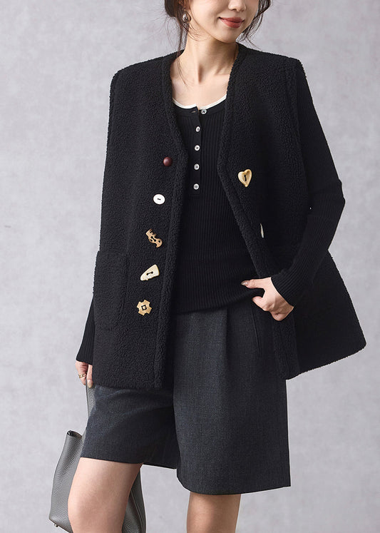 Schwarze Weste mit Knöpfen und Kunstpelz-Ausschnitt, ärmellos, V-Ausschnitt, ärmellos