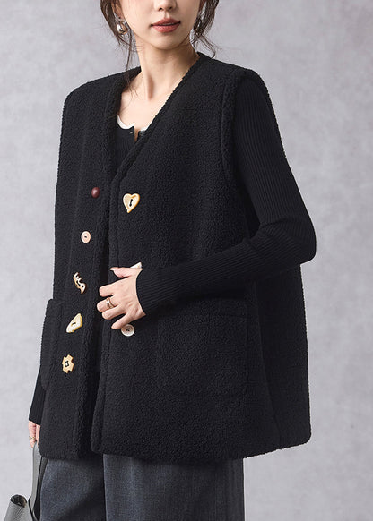 Schwarze Weste mit Knöpfen und Kunstpelz-Ausschnitt, ärmellos, V-Ausschnitt, ärmellos