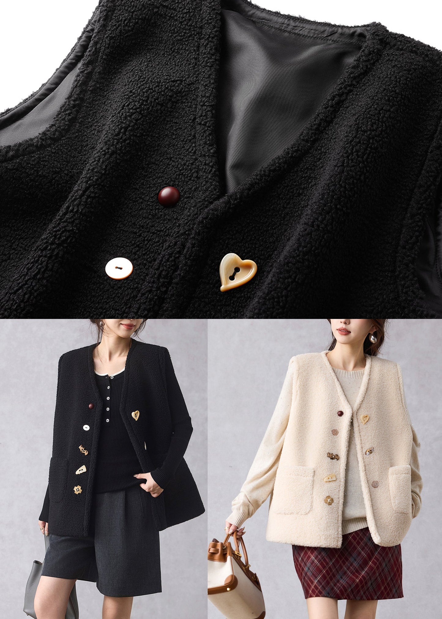 Schwarze Weste mit Knöpfen und Kunstpelz-Ausschnitt, ärmellos, V-Ausschnitt, ärmellos