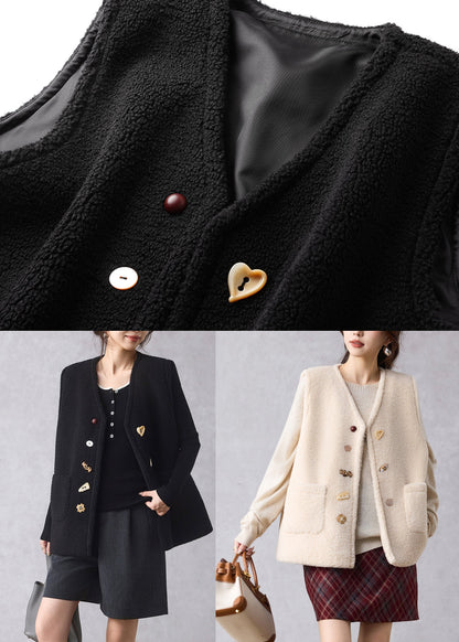 Schwarze Weste mit Knöpfen und Kunstpelz-Ausschnitt, ärmellos, V-Ausschnitt, ärmellos