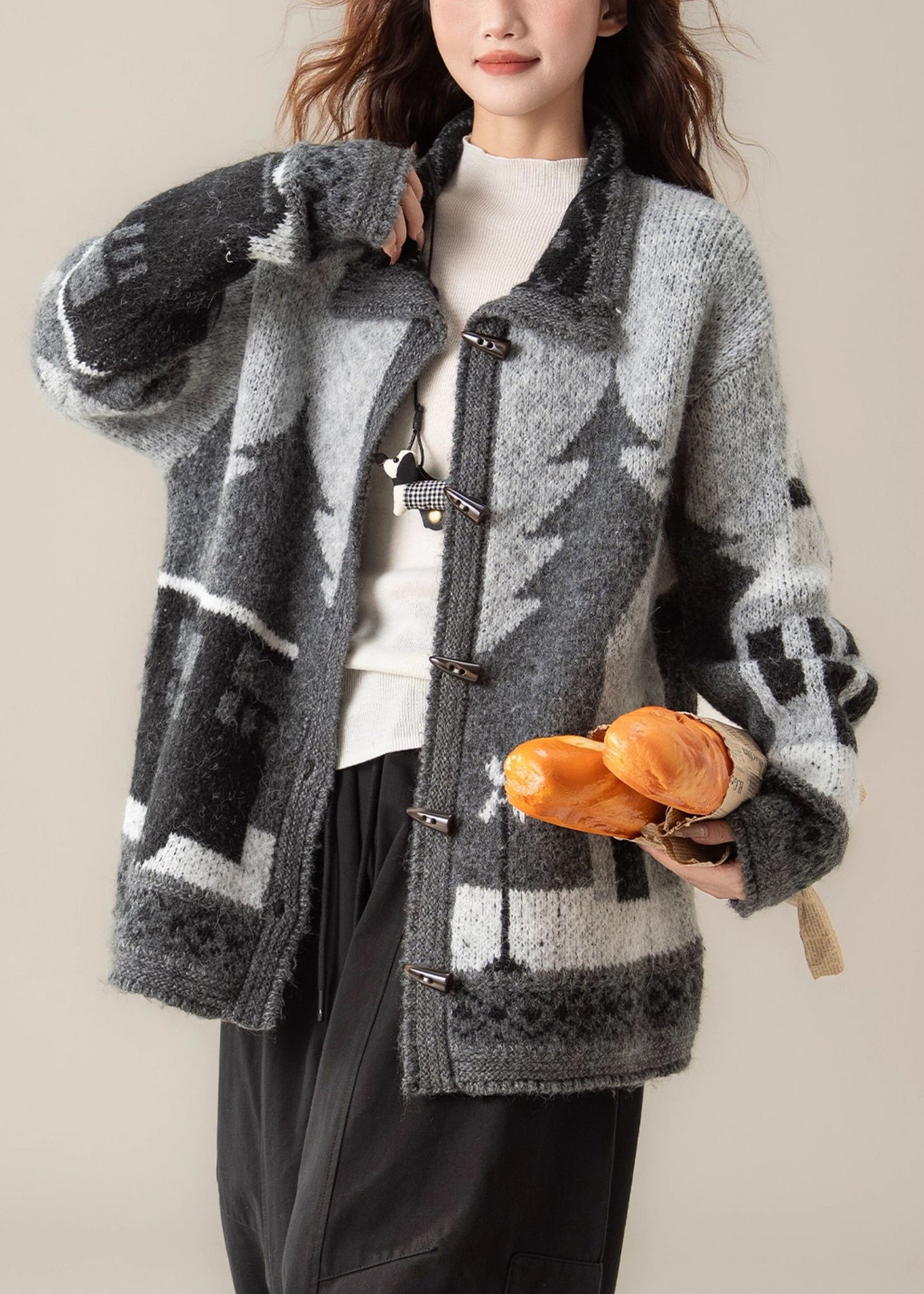 Black Button Jacquard Cozy Knit Coat Peter Pan Collar