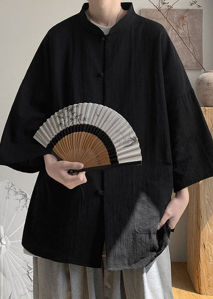 Ropa informal de lino con botones negros para hombre, cuello alto de verano