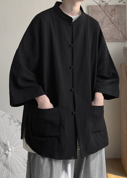 Ropa informal de lino con botones negros para hombre, cuello alto de verano