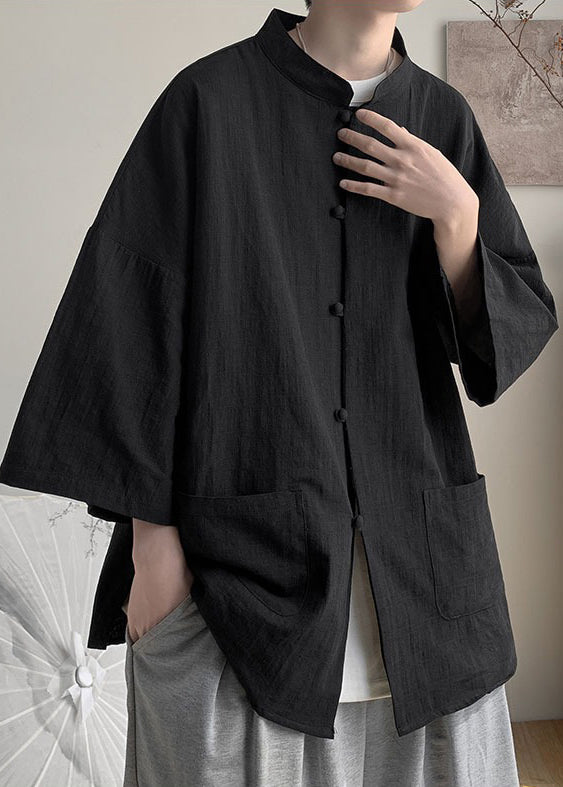 Ropa informal de lino con botones negros para hombre, cuello alto de verano