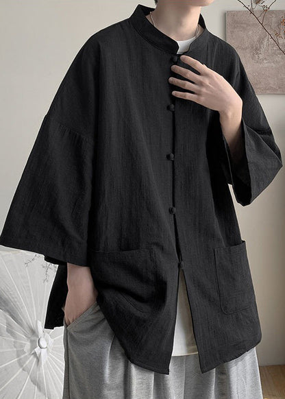 Ropa informal de lino con botones negros para hombre, cuello alto de verano
