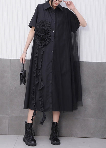 Black Button Long Dress Peter Pan Collar Summer