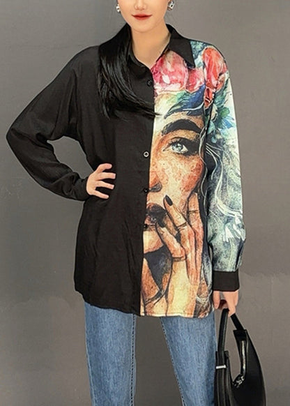 Black Button Print Shirts Asymmetrical Lantern Sleeve