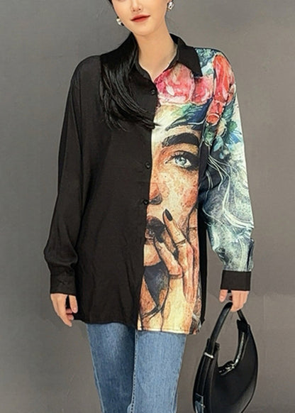 Black Button Print Shirts Asymmetrical Lantern Sleeve