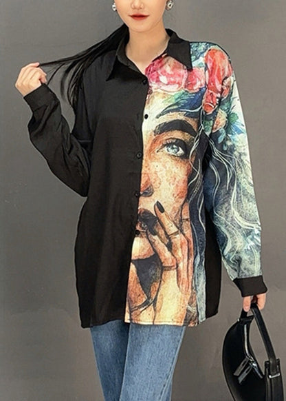 Black Button Print Shirts Asymmetrical Lantern Sleeve