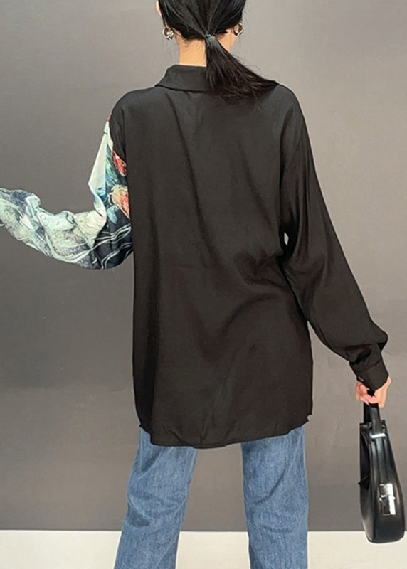Black Button Print Shirts Asymmetrical Lantern Sleeve