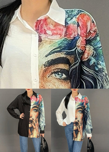 Black Button Print Shirts Asymmetrical Lantern Sleeve