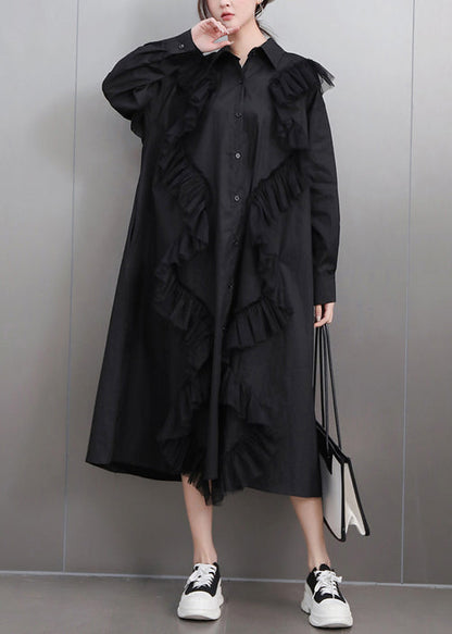 Black Button Tulle Patchwork Fall Shirt Dress Peter Pan Collar