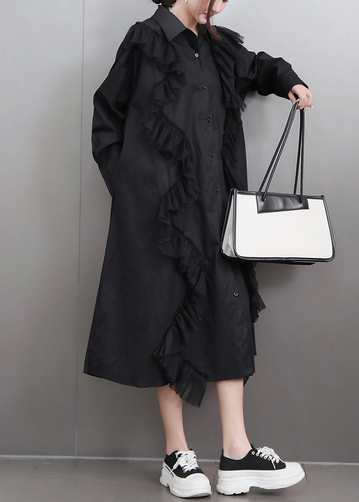 Black Button Tulle Patchwork Fall Shirt Dress Peter Pan Collar