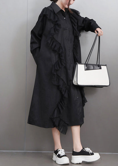 Black Button Tulle Patchwork Fall Shirt Dress Peter Pan Collar