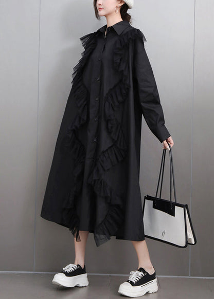 Black Button Tulle Patchwork Fall Shirt Dress Peter Pan Collar