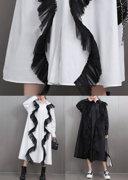 Black Button Tulle Patchwork Fall Shirt Dress Peter Pan Collar