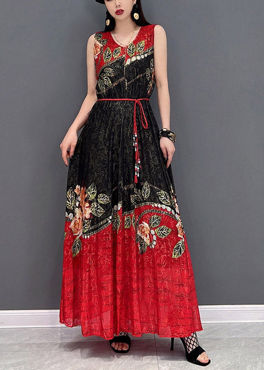 Schwarzes Chiffon-Urlaubskleid in A-Linie mit Bindegürtel und Ärmeln