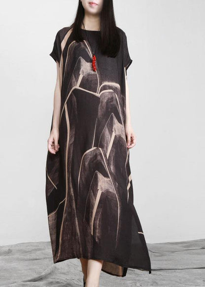 Black Chocolate Print Asymmetric Long Dresses O Neck - SooLinen