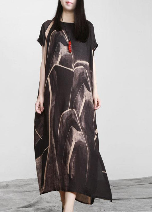 Black Chocolate Print Asymmetric Long Dresses O Neck - SooLinen