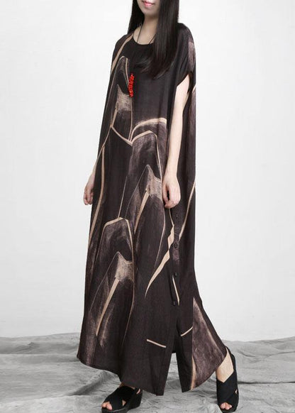 Black Chocolate Print Asymmetric Long Dresses O Neck - SooLinen