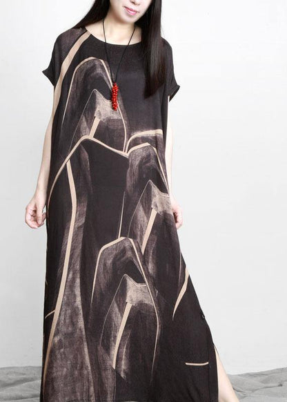 Black Chocolate Print Asymmetric Long Dresses O Neck - SooLinen