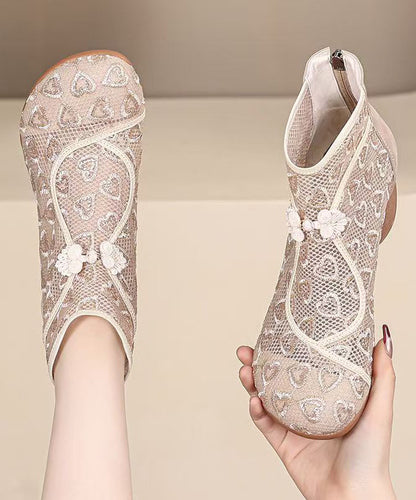 Schwarze, klobige, atmungsaktive Mesh-Stiefel mit Stickereien im Retro-Stil