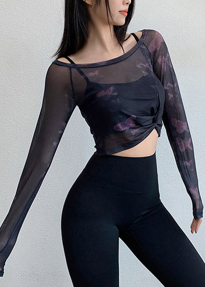 Black Cold Shoulder Fake Two Pieces Yoga Tops