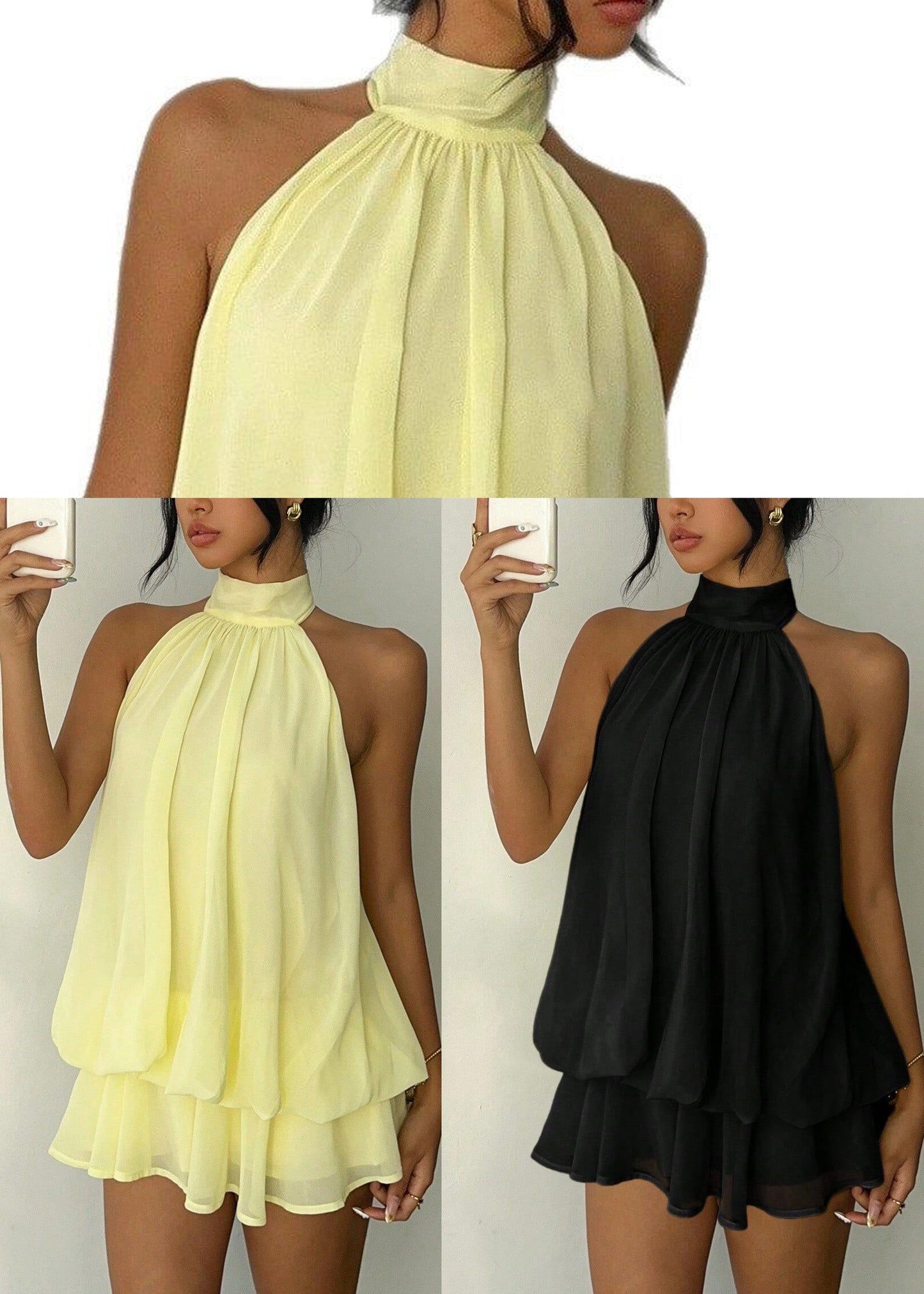 Black Cold Shoulder Lace Up Chiffon Mini Dress Summer