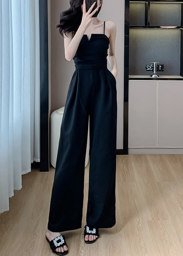 Black Cold Shoulder Solid Silk Sleeveless Jumpsuits Pockets