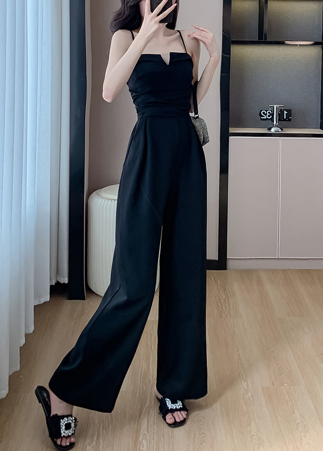 Black Cold Shoulder Solid Silk Sleeveless Jumpsuits Pockets
