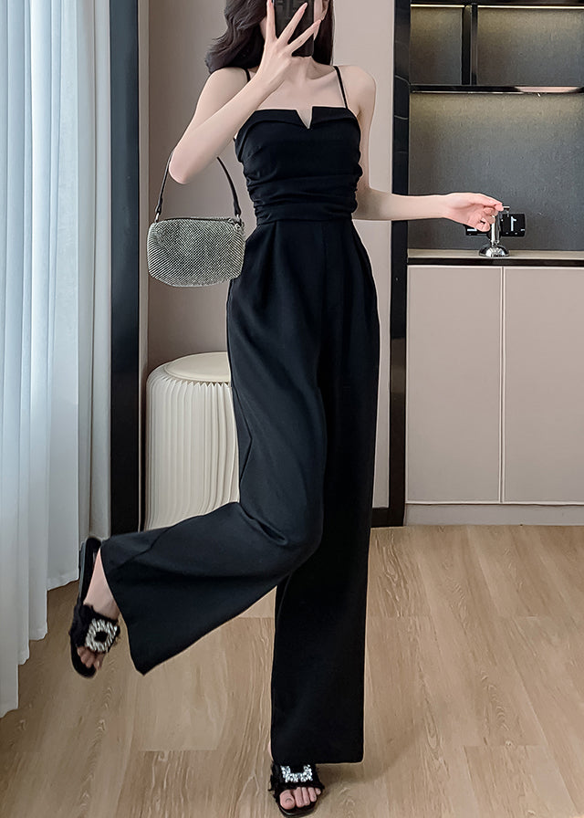 Black Cold Shoulder Solid Silk Sleeveless Jumpsuits Pockets