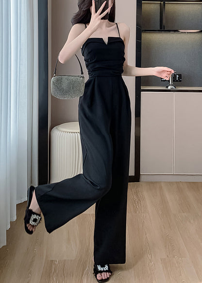 Black Cold Shoulder Solid Silk Sleeveless Jumpsuits Pockets