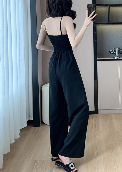 Black Cold Shoulder Solid Silk Sleeveless Jumpsuits Pockets