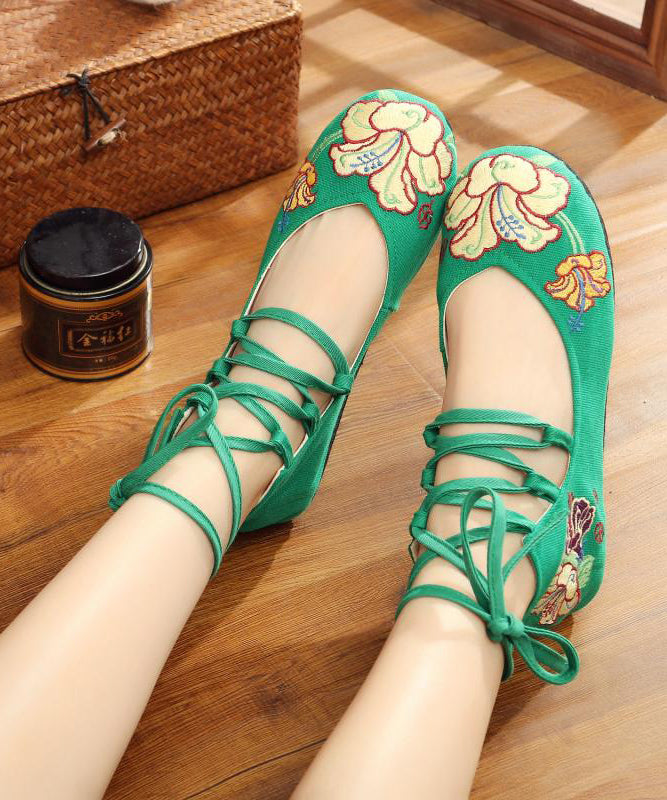 Schwarze, bestickte Ballerinas aus Baumwollstoff, handgefertigt, mit Kreuzriemen, für Plattfüße