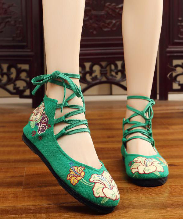 Schwarze, bestickte Ballerinas aus Baumwollstoff, handgefertigt, mit Kreuzriemen, für Plattfüße