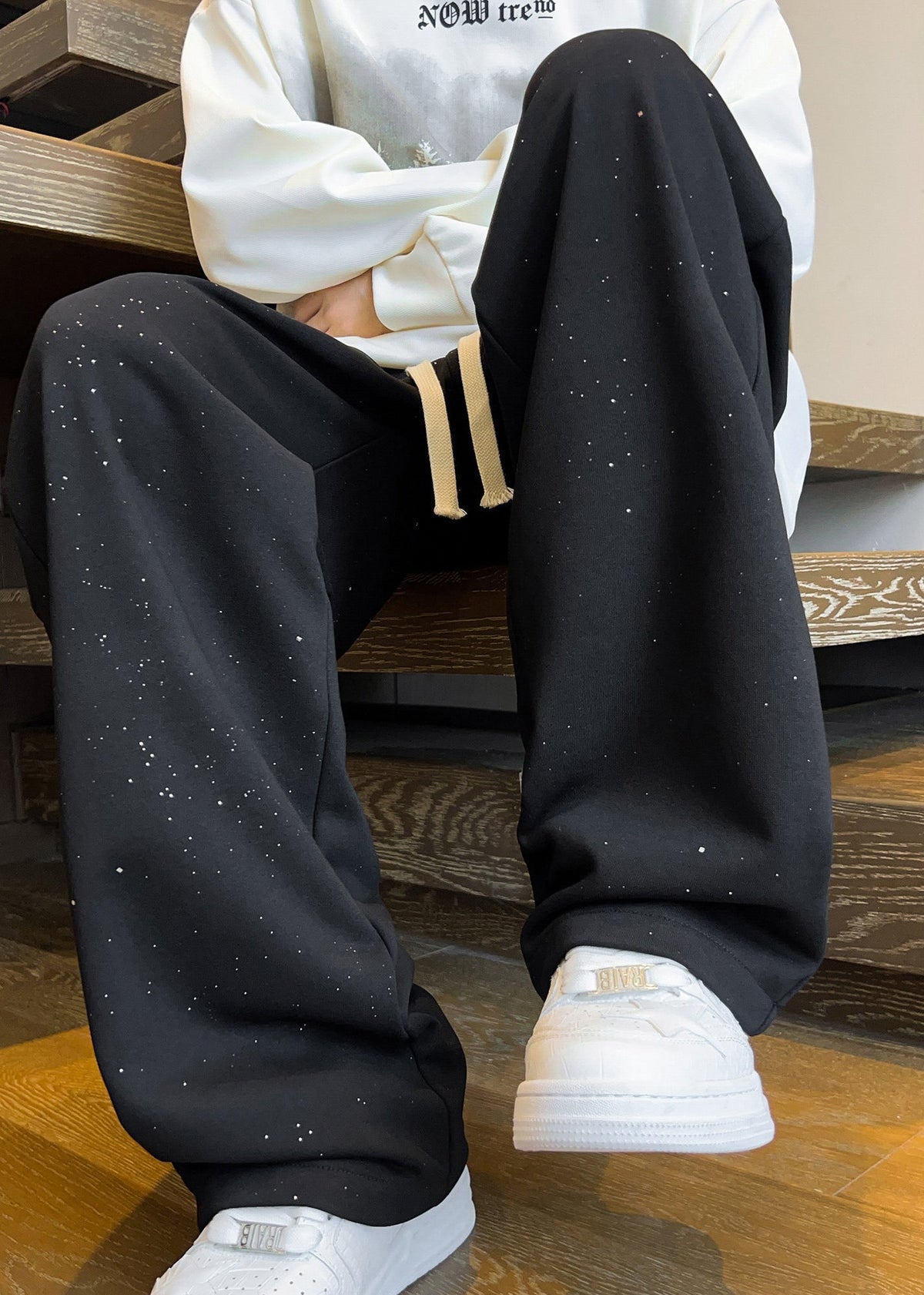 Black Cotton Men Pants Oversized Elastic Waist Fall