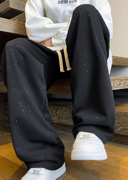 Black Cotton Men Pants Oversized Elastic Waist Fall