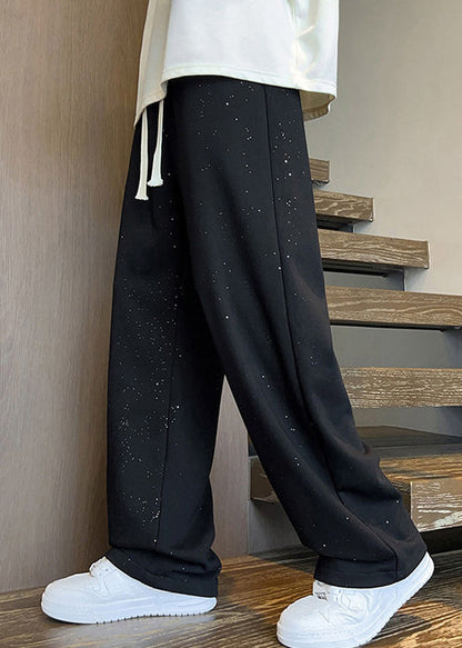 Black Cotton Men Pants Oversized Elastic Waist Fall