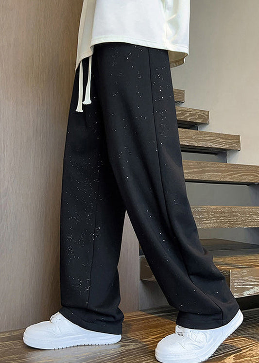 Black Cotton Men Pants Oversized Elastic Waist Fall