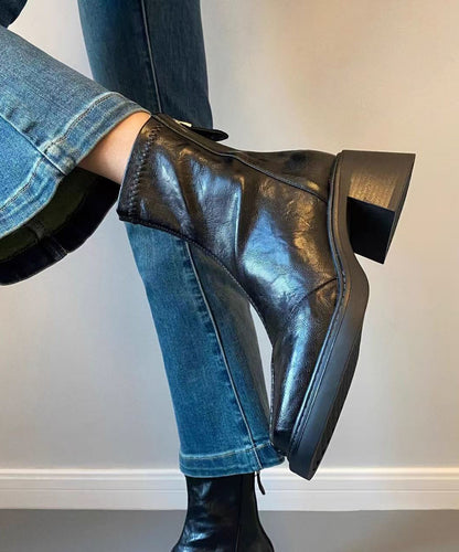 Black Cowhide Leather Splicing Chunky Heel Boots