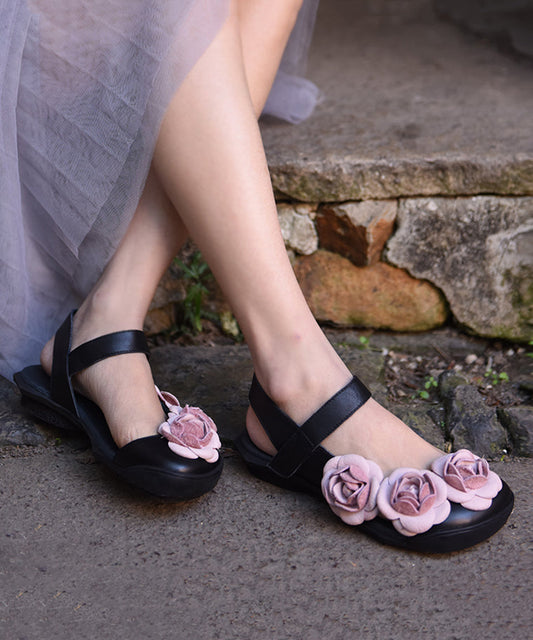 Black Cowhide Leather Vintage Splicing Floral Best Sandals