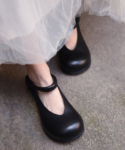 Black Cowhide Leather Women Splicing Buckle Strap Flats