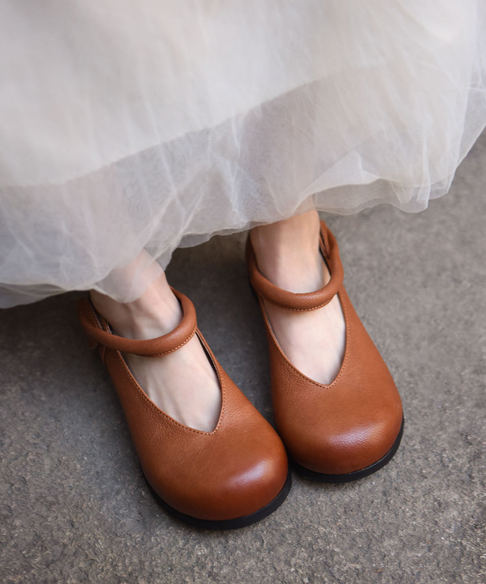 Black Cowhide Leather Women Splicing Buckle Strap Flats