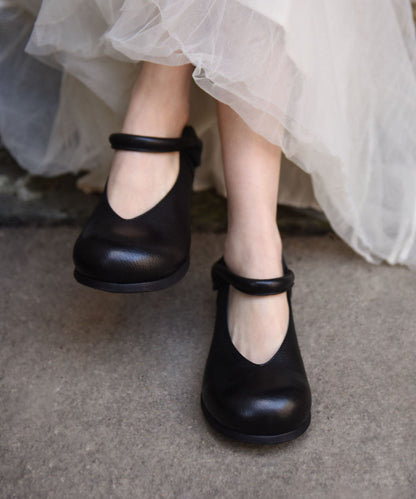 Black Cowhide Leather Women Splicing Buckle Strap Flats