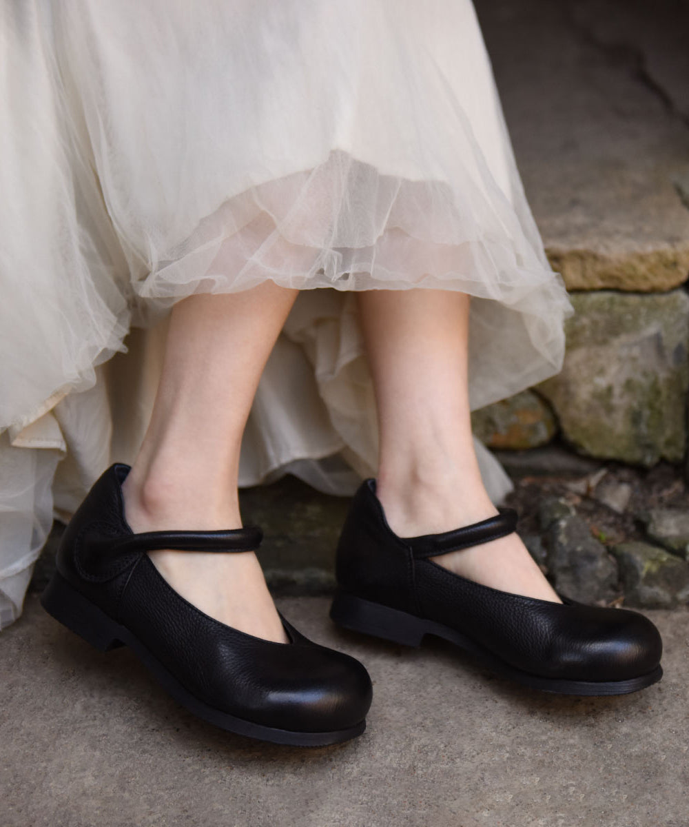 Black Cowhide Leather Women Splicing Buckle Strap Flats