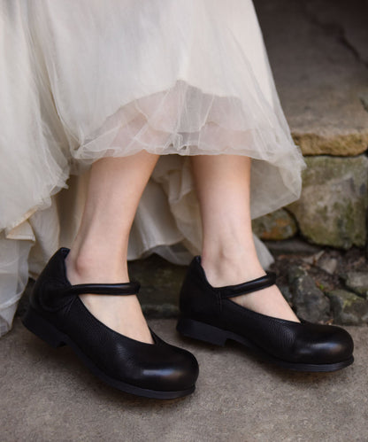 Black Cowhide Leather Women Splicing Buckle Strap Flats