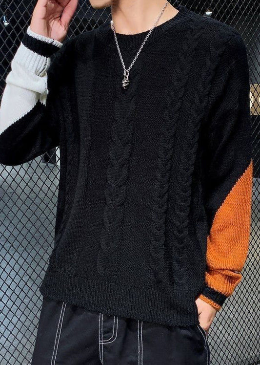 Black Cozy Patchwork Knit Mens Sweater O Neck